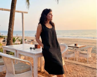 Black Linen Dress, Sleeveless A-Line Shift Dress with Pockets, Minimalist Casual Summer Linen Dress, washed linen dress