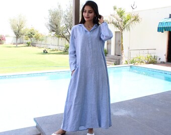 Hooded Dress, Maxi Linen Dress, Long Sleeve Dress, Blue Dress, Pure Linen Dress, Cottagecore Clothing, Plus Size Clothing