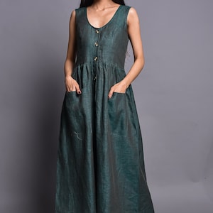 Deep U Sleeveless Green Linen Midi Dress with Pockets, Custom Dress for Women, Natural linen Women&#39;s Clothing, Comfortable all day Dress