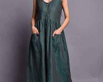 Green Linen Midi Dress with Pockets - Sleeveless Scoop Neck Custom Dress