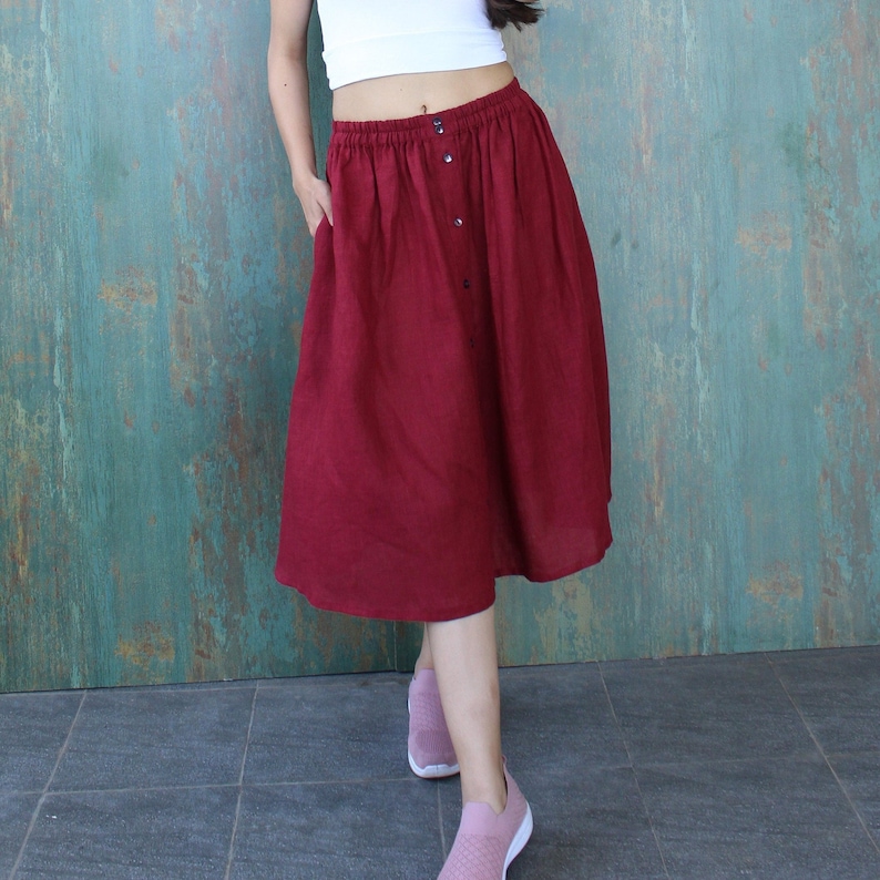 Linen skirt with pocket, elastic skirt, Flared Midi Skirts, Casual Loose Skirts, Flared Midi Skirts, Below the Knee skirt, Plus size skirt image 1