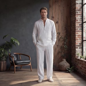 Linen clothes for Men, Relaxed Fit Linen Shirt with Mandarin Collar, Minimal placket look short front slit, Men Linen Resort Wear