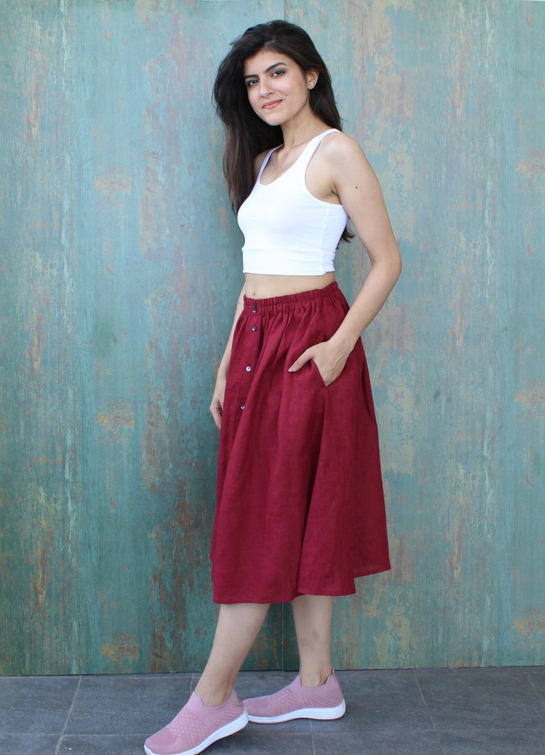 Linen skirt with pocket, elastic skirt, Flared Midi Skirts, Casual Loose Skirts, Flared Midi Skirts, Below the Knee skirt, Plus size skirt image 6