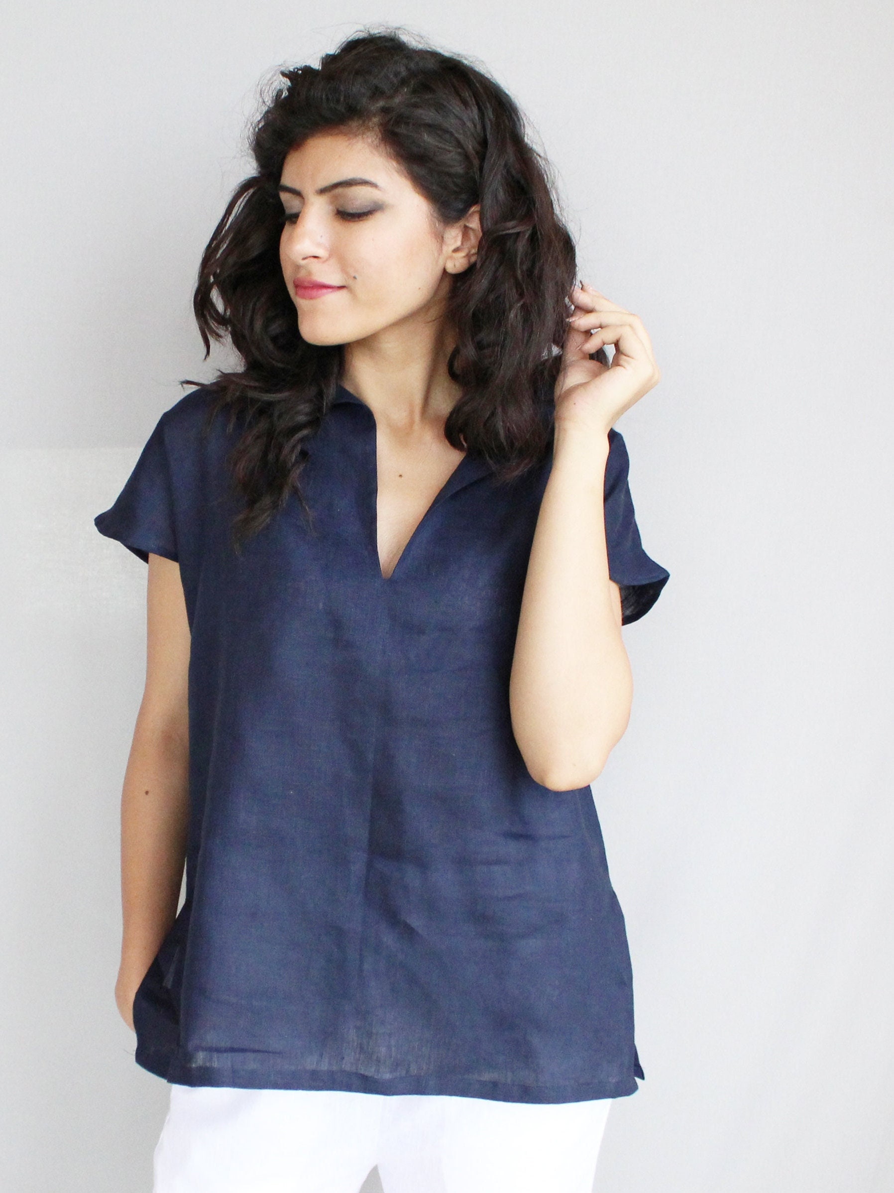 Handmade Linen Blouse: Loose V-neck Boho Top, Casual Top, Women Blouse ...