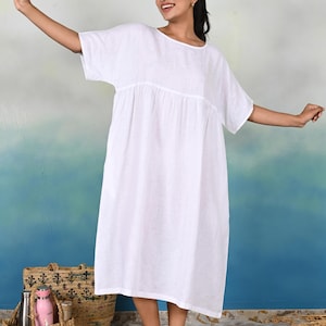 Handmade Linen Midi Dress: Gathered Empire Waist, Side Pockets