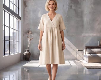 Robe en lin trapèze à col en V, taille empire, longueur genou, robe d'été fluide, tenue de plage