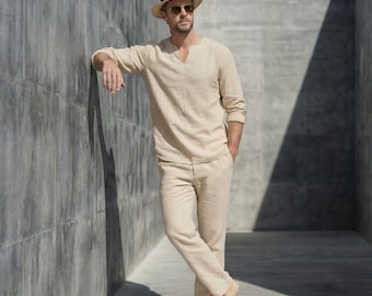 Men Natural Linen Relaxed Fit Notched Neck Shirt with Full Sleeves, Men's Linen Shirt, Modern Fit, mens summer tshirt, stylish tshirts