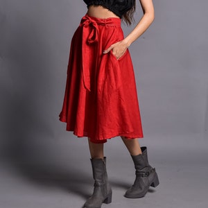 Women Linen Skirt, Skater Round Skirt, Flared Midi Skirt, Knee Length Circle Skirt With Belt, Customized Skirt image 4