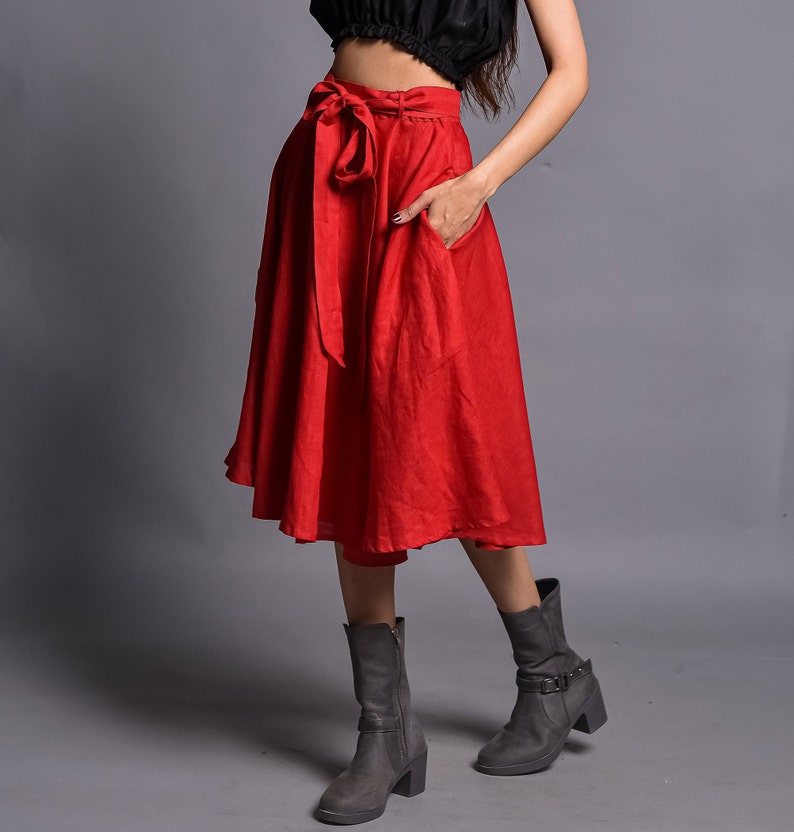 Women Linen Skirt, Skater Round Skirt, Flared Midi Skirt, Knee Length Circle Skirt With Belt, Customized Skirt image 4