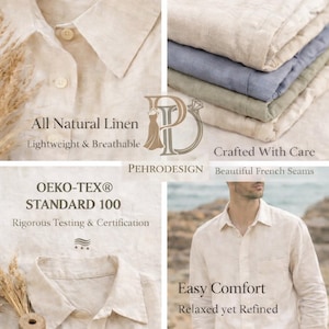 May include: An image showcasing natural linen products. The image includes a close-up of a beige linen shirt, folded linen fabric in various colors, and text that reads "All Natural Linen", "Lightweight & Breathable", and "Easy Comfort".