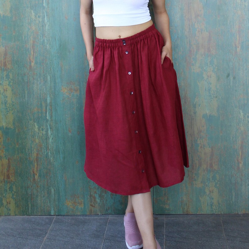 Linen skirt with pocket, elastic skirt, Flared Midi Skirts, Casual Loose Skirts, Flared Midi Skirts, Below the Knee skirt, Plus size skirt image 2