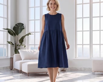 Sleeveless Linen Midi Dress, Women's Summer Modest Clothing, Minimalist Summer Outfit, Plus Size Clothing