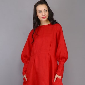 リネンドレス、レディースマキシドレス、レッドカクテルドレス、レッドリネンドレス、プラスサイズ服、ブライズメイドドレス、ポケット付きパーティードレス