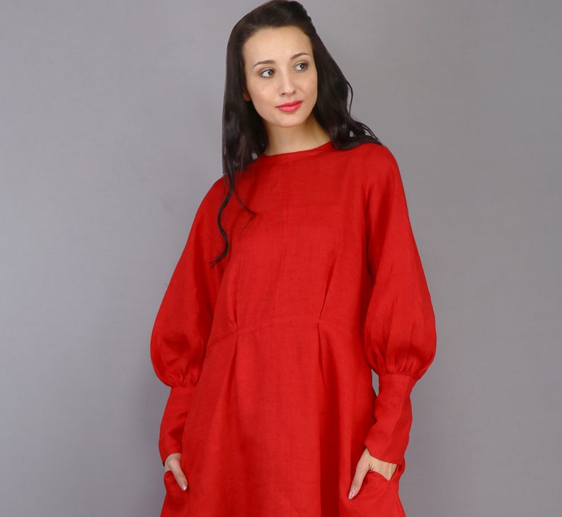 Red Linen Dress, Midi Dress, Plus Size Clothing, Bridesmaid Dress, Vintage Dress, Maxi Dress, Cocktail Dress, Party Dress With Pockets image 1