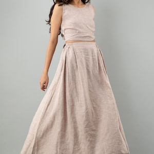Linen Crop Top and Maxi Skirt Set: Back Tie, Natural Flax
