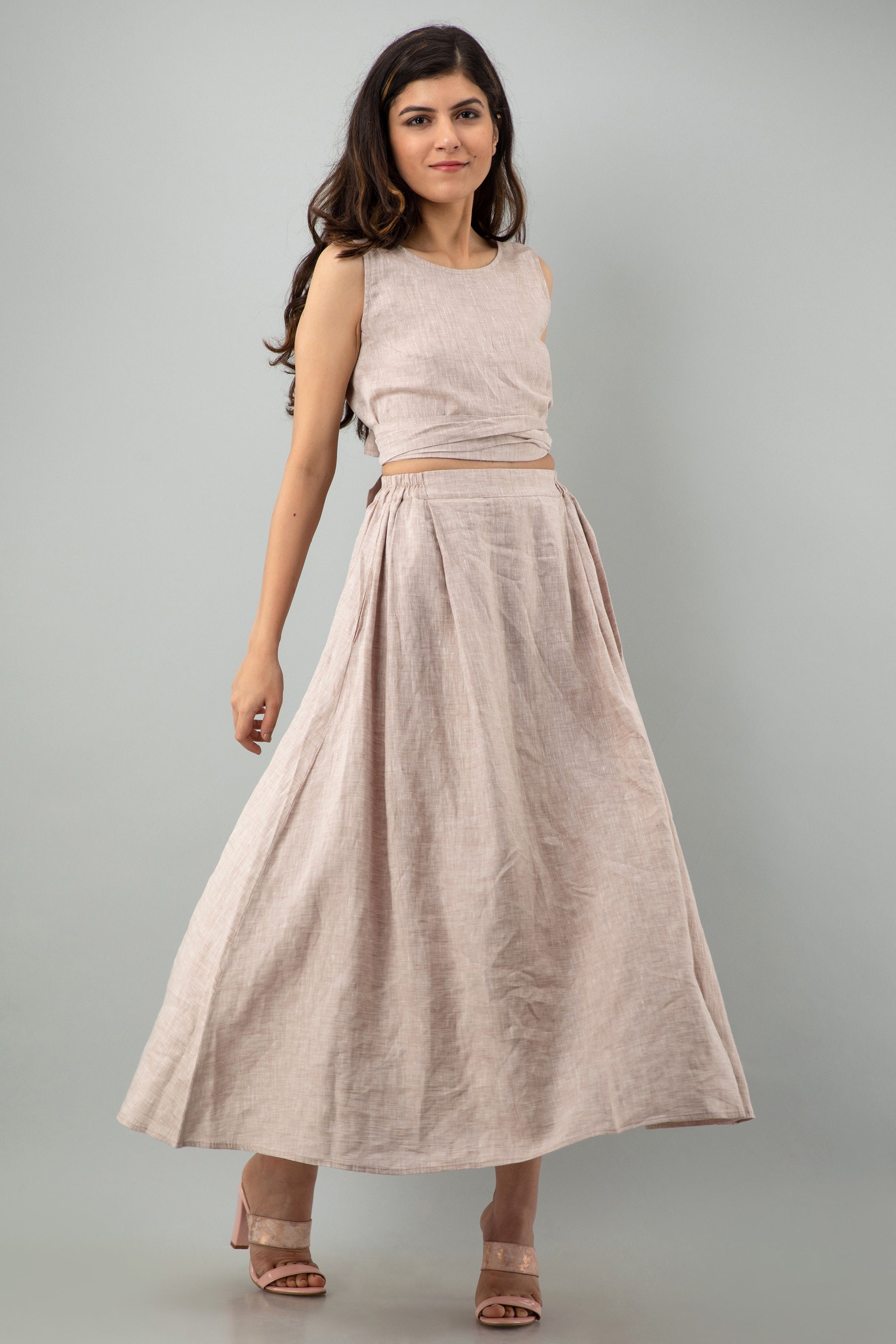 Linen Crop Top and Maxi Skirt Set: Back Tie Top