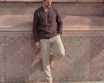 Men's Linen Lace-Up Neck Shirt, Renaissance Viking Tunic, Summer Beach Top