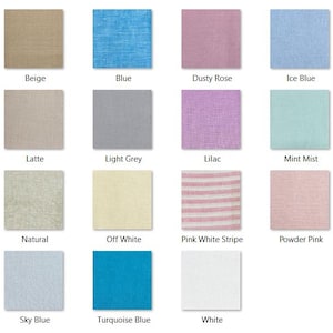 May include: A grid of fabric swatches in various colors, including beige, blue, dusty rose, and ice blue. Each swatch has a label with its color name. Other colors include latte, light grey, lilac, mint mist, natural, off white, pink white stripe, powder pink, sky blue, turquoise blue, and white.