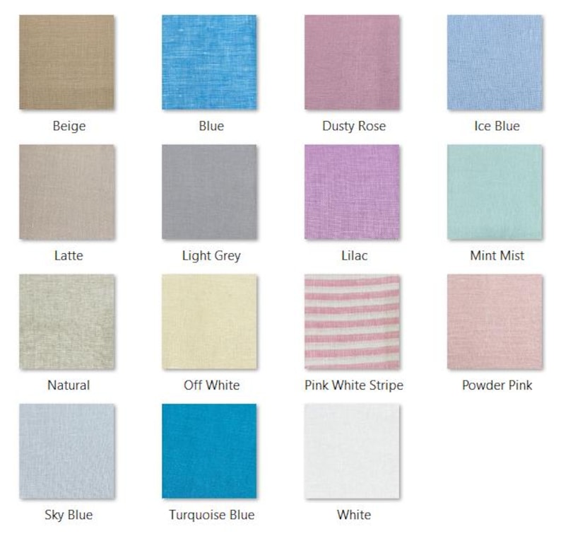 May include: A grid of fabric swatches in various colors, including beige, blue, dusty rose, and ice blue. Each swatch has a label with its color name. Other colors include latte, light grey, lilac, mint mist, natural, off white, pink white stripe, powder pink, sky blue, turquoise blue, and white.