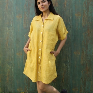 Short Sleeve Shirt Dress, Linen Shirt Dress, Button Up Shirt Dress, Maxi Shirt Dress, Loose Linen Shirt, Yellow Linen Dress, Plus Size Dress image 4