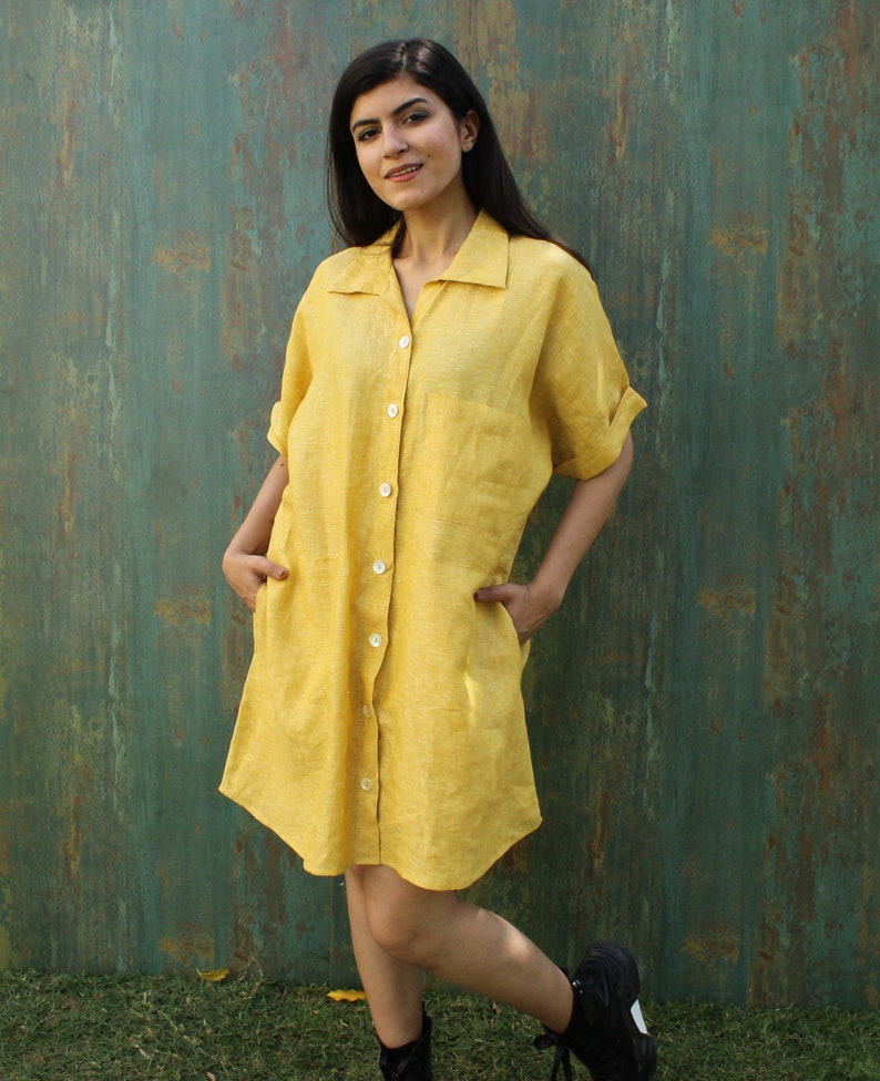 Short Sleeve Shirt Dress, Linen Shirt Dress, Button Up Shirt Dress, Maxi Shirt Dress, Loose Linen Shirt, Yellow Linen Dress, Plus Size Dress image 4