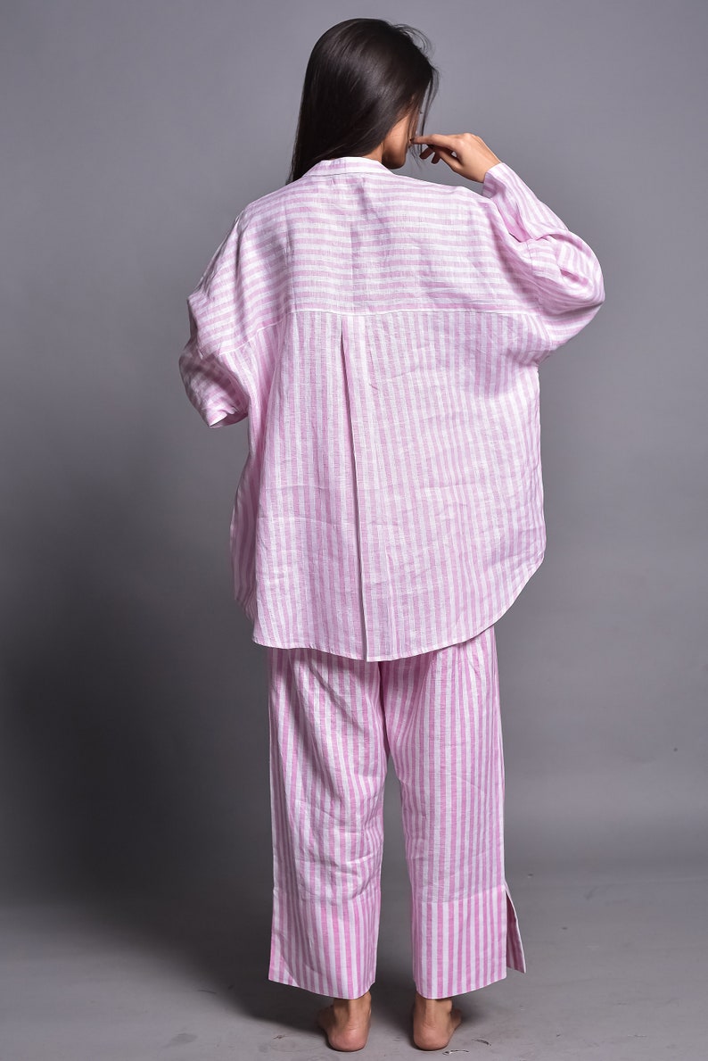 Linen Pajama Set, Linen Shirt and Linen Pants, Two Piece Set, Womens Linen Sleepwear Set, Linen Loungewear, Loose Pants, Wide Trousers image 3