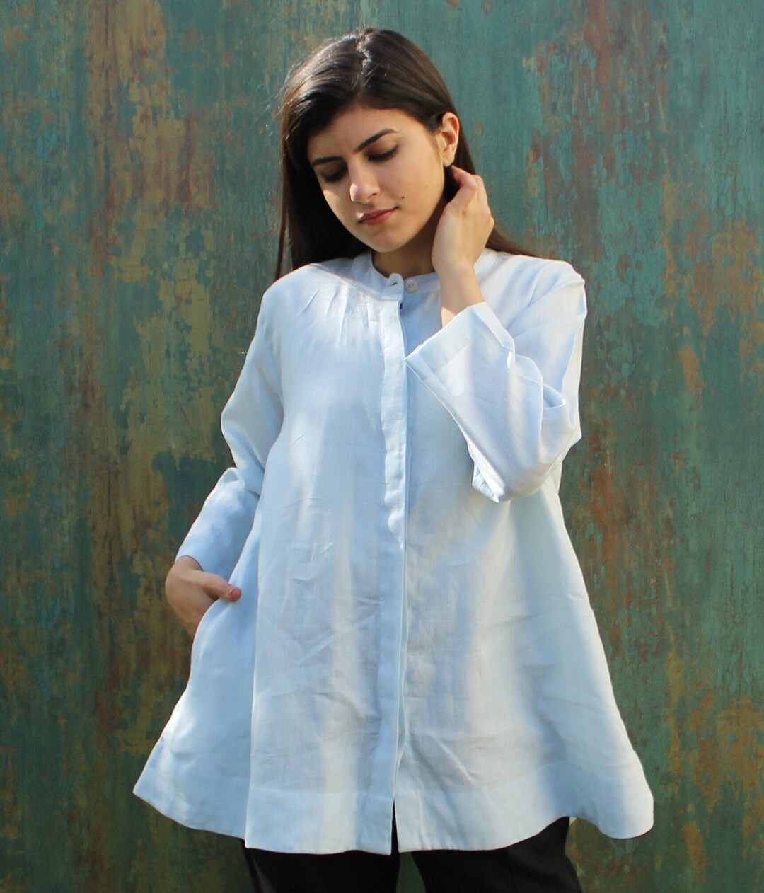 Melanie Top in Pale Blue Cotton Linen