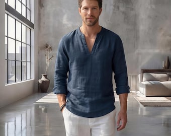 Linen Shirt in Deep V-Slit Neck with Full Sleeves, Tailored Fit, Custom Length, Fitted Linen Men's Long-Sleeved Shirts Summer
