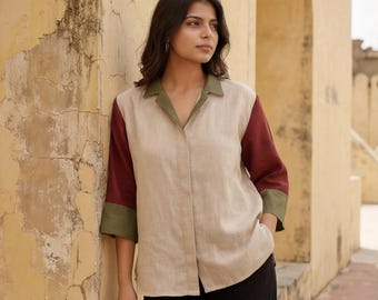 Colorblock Linen Top, Multicolor Linen Shirt for Women, Bold Handmade Linen Clothing, Loose Linen shirt for Women