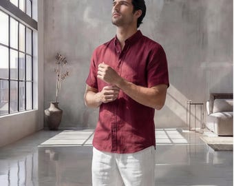 Men's Relaxed Fit Short Sleeve Shirt with Mandarin Collar, Mens Summer Shirt, Natural Fabric Shirt, Men Resort Wear, custom men's clothes