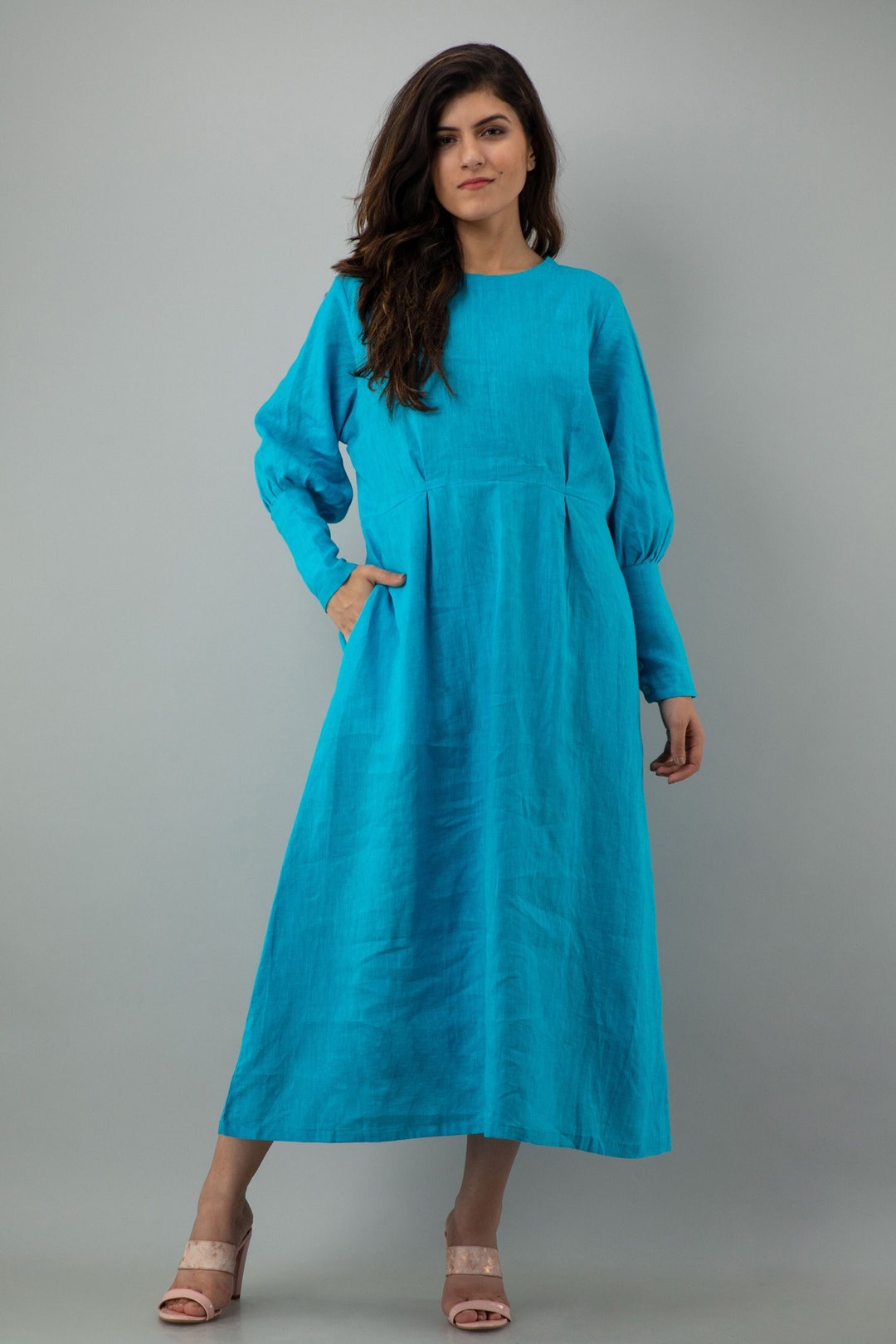 Blue Linen Dress, Linen Midi Dress, Back Button Opening, Long Sleeves Dress, Pure Linen Dress ...