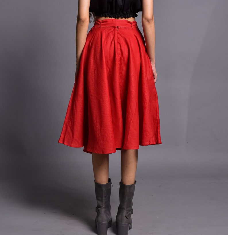 Women Linen Skirt, Skater Round Skirt, Flared Midi Skirt, Knee Length Circle Skirt With Belt, Customized Skirt image 3