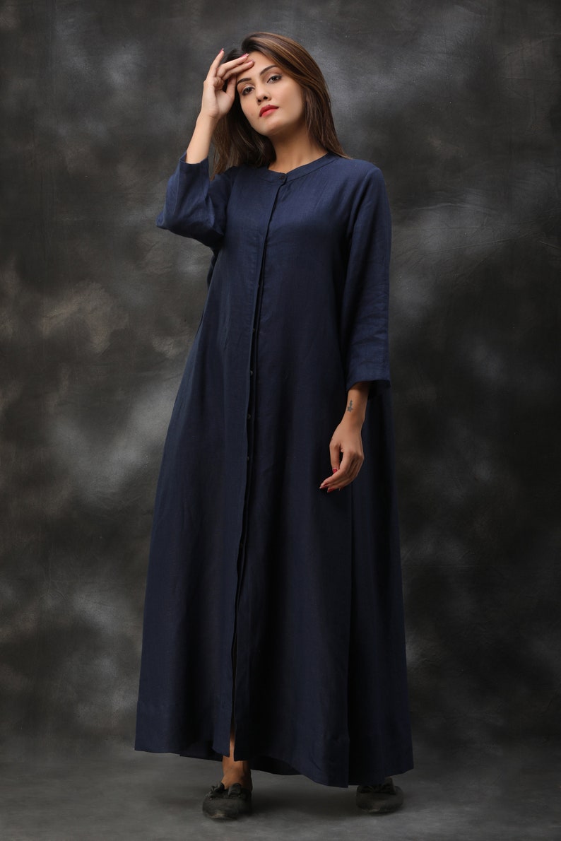 Linen Kimono, Long Linen Dress, Linen Maxi Dress, Handmade Clothing, Linen Shirt Dress, Blue Dress, vintage dress, Plus size clothing image 5