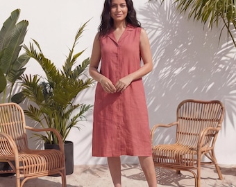 Linen Midi Dress with Pockets, Shirt Collar Summer Dress, Plus Size Clothing, Button up Long Linen Shirt