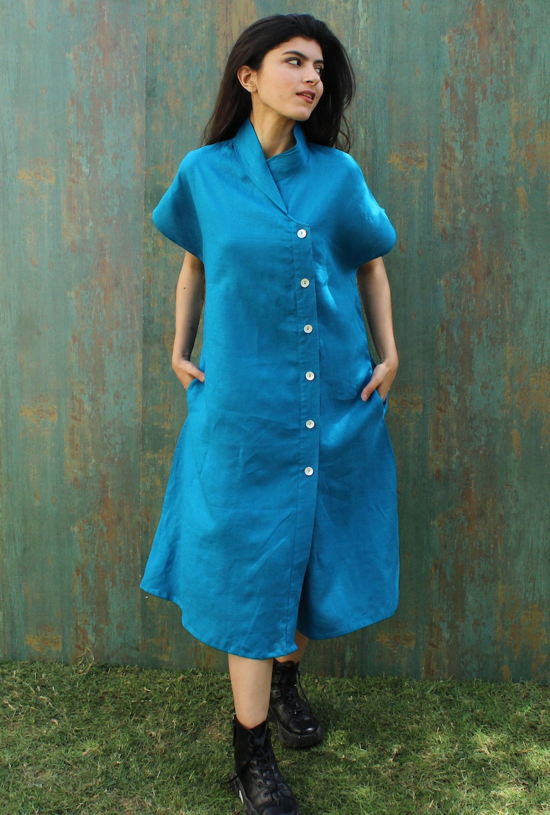 Linen Short Sleeve Shirt Dress With Pockets, Organic Linen Dress, Long Linen Shirt, Blue Linen Midi Dress image 3