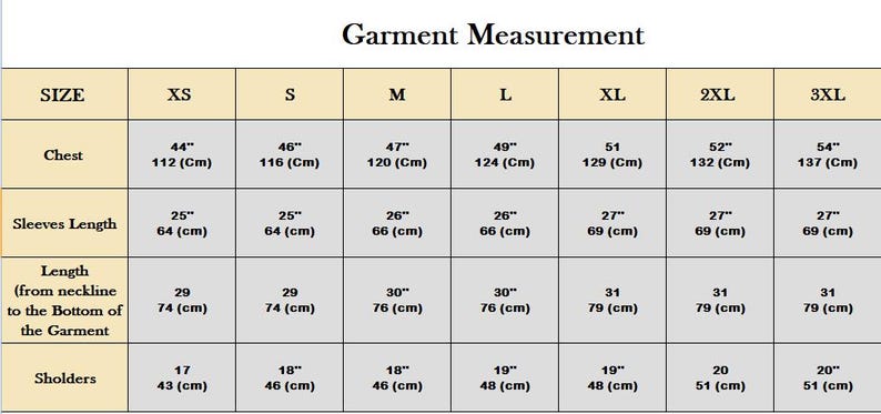 May include: A garment measurement chart with size, chest, sleeve length, length, and shoulder measurements in inches and centimeters. Sizes range from XS to 3XL. The chart is for clothing.