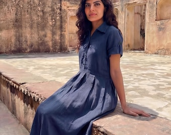 Robe midi en lin à col chemise, robe chemise en lin à manches courtes, robe plissée à poches, robe printanière en lin, vêtements grandes tailles