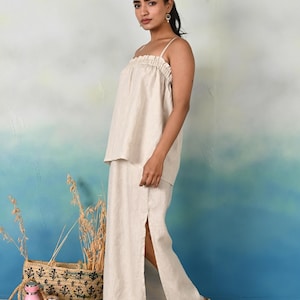 Linen Two-Piece Set: Spaghetti Strap Top & Maxi Skirt - Summer Outfit