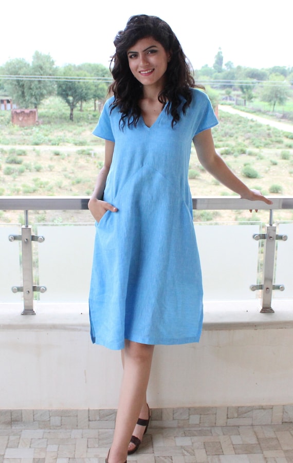 Blue Linen Midi Tunic Dress, Short Sleeve Flax Summer Dress, women linendress, linentunic, casual clothing, minimalist Linen outfit