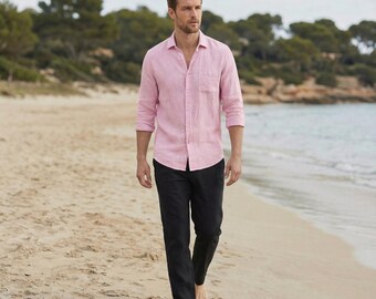 Men's Pure Button-Up Shirt, Breathable Linen Beach Shirt, Linen for Men