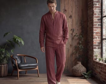 Linen clothes for Men, Relaxed Fit Linen Shirt with Mandarin Collar, Mens Summer Shirt, Natural Fabric Shirt, Mens Linen Button Up Shirt