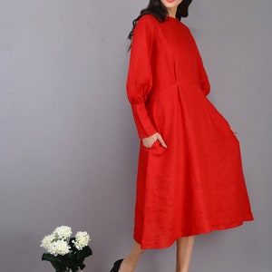 Red Linen Dress, Midi Dress, Plus Size Clothing, Bridesmaid Dress, Vintage Dress, Maxi Dress, Cocktail Dress, Party Dress With Pockets image 4