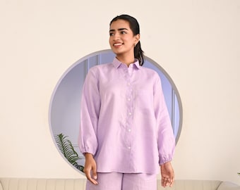 Relaxed Fit Linen Shirt: Long Sleeve Top, Elastic Cuff