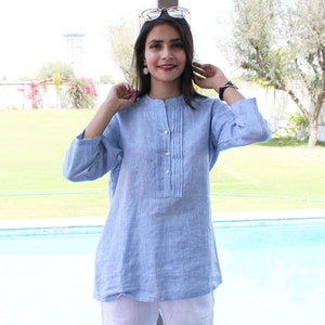Blue Linen Pintuck Blouse: Long Sleeve Button Top