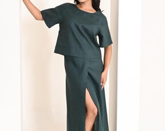 Two Piece Linen Set Women, Short Sleeve Top and Long Skirt with Slit, Handmade Linen Outfit, Summer Co-Ord Set, Linen Beach Outfit