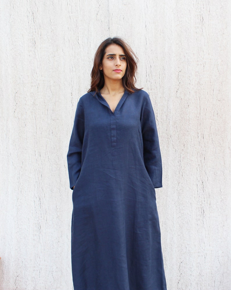 Washed Linen Overalls Blue Linen Dress 100/% Linen Dress Hooded Dress