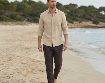 Pure Linen Button-Up Shirt, linen clothes for men, fashionable mens clothing, Long-Sleeved Shirts Summer
