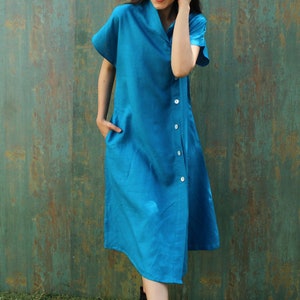 Linen Short Sleeve Shirt Dress With Pockets, Organic Linen Dress, Long Linen Shirt, Blue Linen Midi Dress image 4