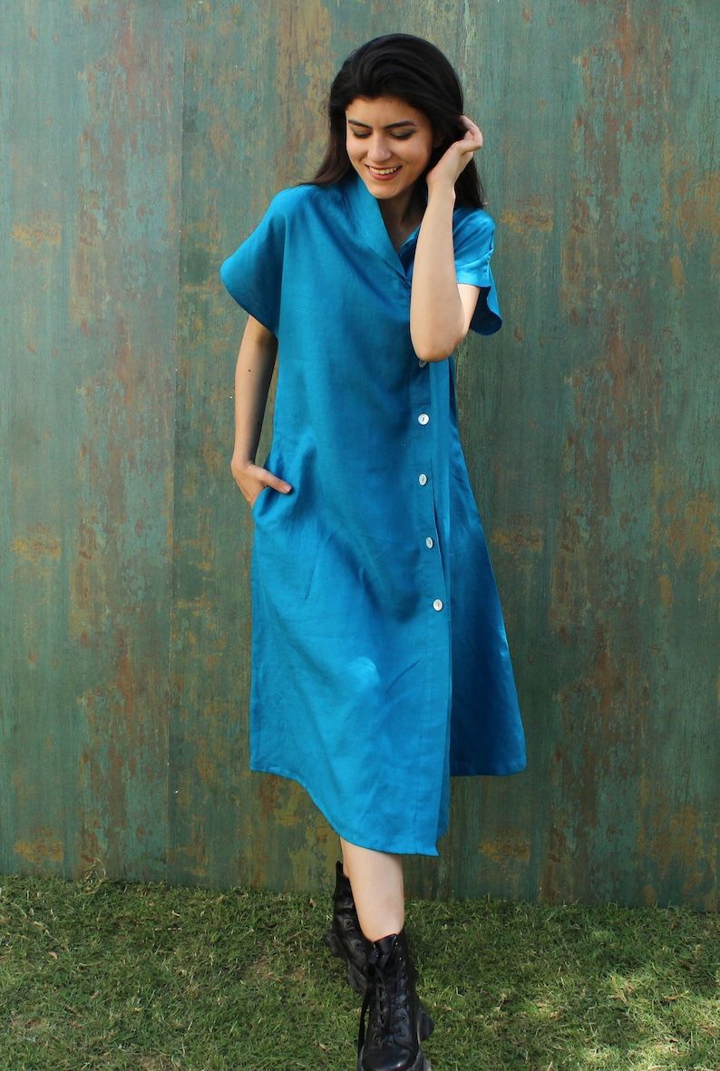 Linen Short Sleeve Shirt Dress With Pockets, Organic Linen Dress, Long Linen Shirt, Blue Linen Midi Dress image 4