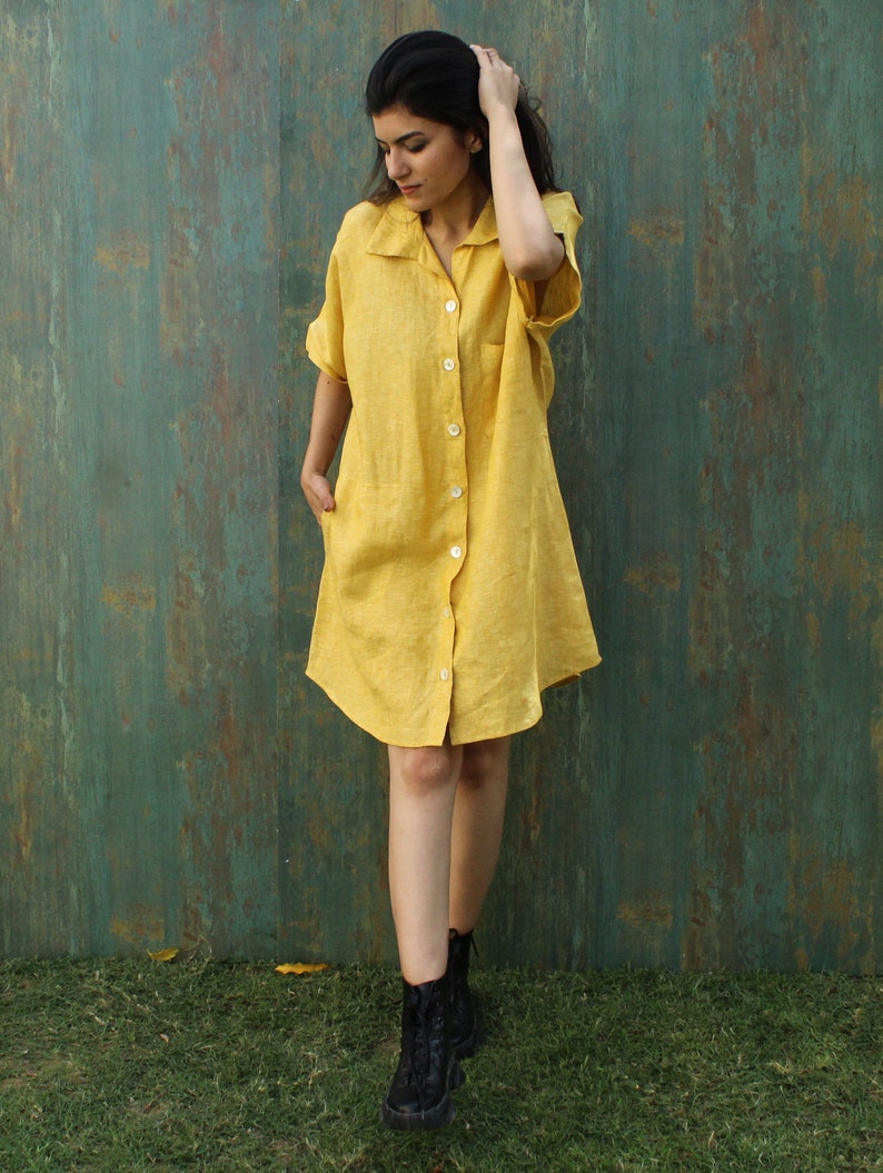 Short Sleeve Shirt Dress, Linen Shirt Dress, Button Up Shirt Dress, Maxi Shirt Dress, Loose Linen Shirt, Yellow Linen Dress, Plus Size Dress image 1